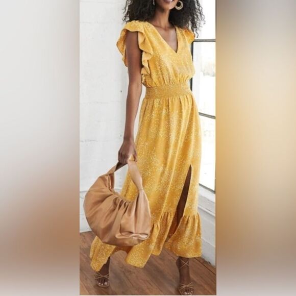 151. Express Women's Flutter V-Neck Flowy Maxi Dress Mustard Yellow Polka Dot - Picture 1 of 5